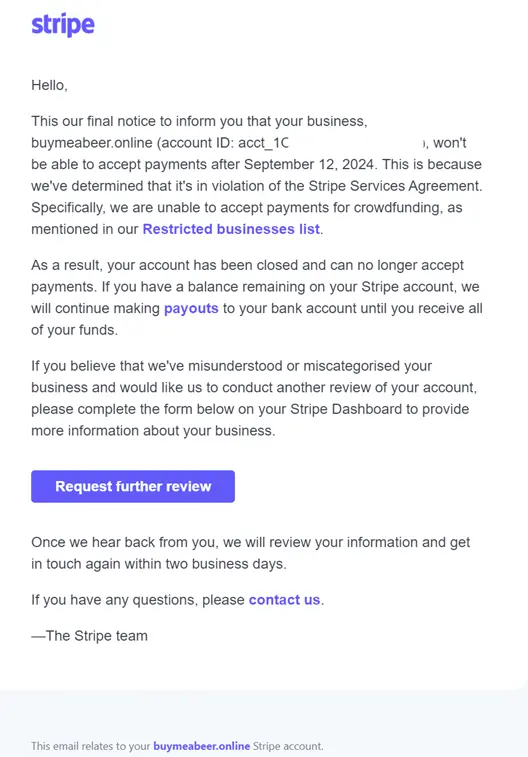 Stripe Account Closure